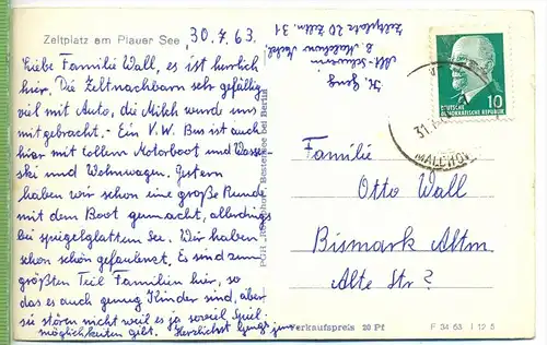 Zeltplatz am Plauer See um 1960/1970, Verlag:  PGH Rotophot, Postkarte mit Frankatur, mit Stempel , ------ 31.7.63