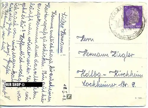 um 1940/1950 Ansichtskarte,  „ Kolmar“ mit Frankatur