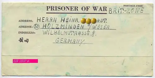 Alliierte Besetzung 1946Kriegsgefangenenvordruckbrief PRISONER OF WAR nach Holzminden/Weser