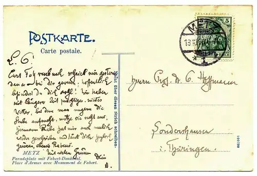 Metz Paradeplatz mit Fabert-Denkmal, gelaufen 13.10.1906