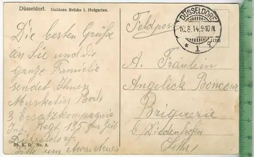 Düsseldorf. Goldene Brücke i. Hofgarten, 1914, Verlag:-- ,  Postkarte, Frankatur,  Stempel,  DÜSSELDORF
