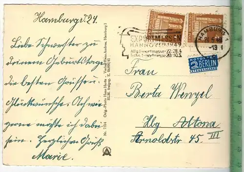 Hamburg, Mondschein auf der Alster 1949, Verlag: Hans Andres, Hamburg,- POSTKARTE, Frankatur,  Stempel, HAMBURG