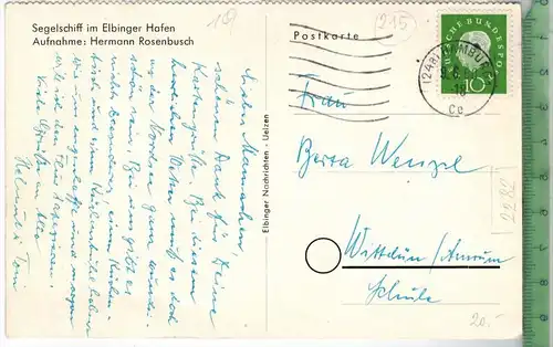 Segelschiff am Elbinger Hafen 1960, Verlag:  ----,  Postkarte mit Frankatur, mit Stempel, HAMBURG 9.6.60 Erhaltung: I-II