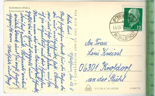 AK Schlotheim, Schwimmbad 1969, Verlag: VEB Bild, Postkarte mit Frankatur, mit Stempel 12.8.1969, Erhaltung: I-II,