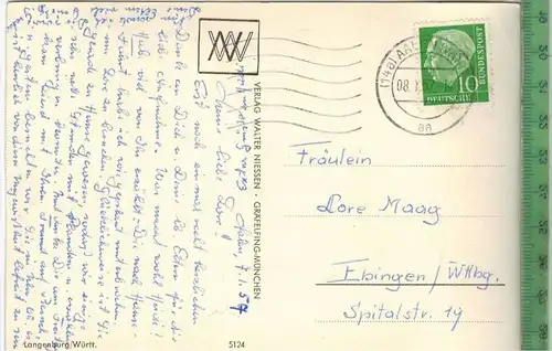 Langenburg, Württ.-, 1957-, Verlag: Walter Niessen, Gräfling-, München, POSTKARTE  mit Frankatur,  mit Stempel,