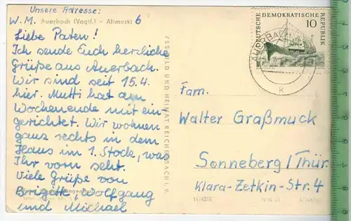 Auerbach, Altmarkt 1951, Verlag: VEB Bild und Heimat, POSTKARTE mit Frankatur. mit  Stempel, AUERBACH 18.4.61