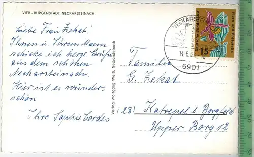 Vier - Burgenstadt Neckarsteinach 1963, Verlag: Wolfgang Weiß, Neckarsteinach, POSTKARTE mit Frankatur,  mit  Stempel
