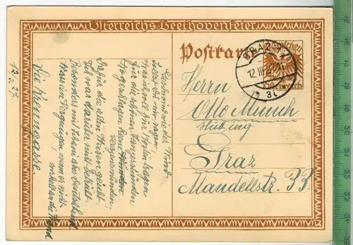 Österreichs Beethovenfeier 1927, Verlag: -----,   POSTKARTE mit Frankatur, mit  Stempel, GRAZ  12.3.27, Erhaltung: I-II,