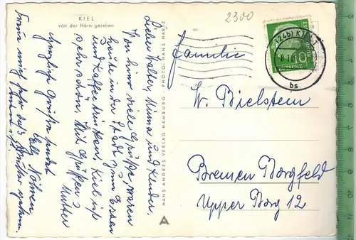 Kiel von der Hörn gesehen, Verlag: Hans Andres, Hamburg, Postkarte mit Frankatur, mit Stempel, KIEL 8.11.57