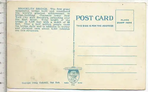 Brooklyn Bridge and Woolworth Building, New York,  Verlag: Irving Underhill, Postkarte,  Erhaltung: I –II