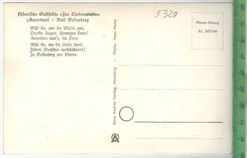 Bad Godesberg, Zur Lindenwirtin um 1950/1960,  Verlag: Hans Andres, Hamburg, POSTKARTE,   Erhaltung: I-II