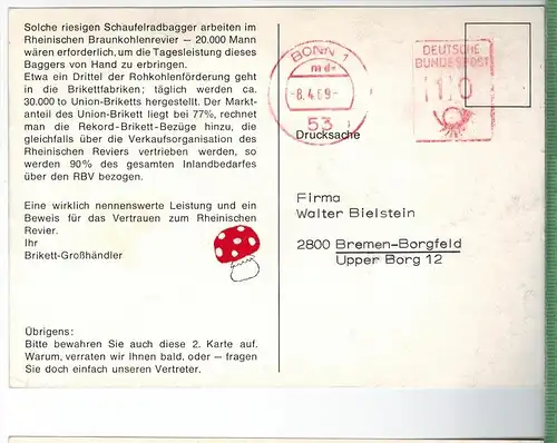 Brikett-Großhändler um 1960/1970, Verlag:--,   POSTKARTE, mit Frankatur, mit Stempel,  BONN   8.4.69,  Erhaltung: I-II,
