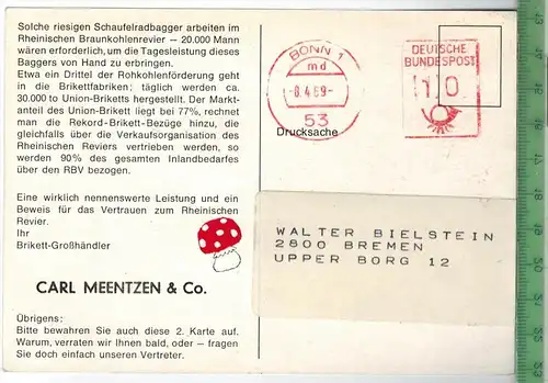Brikett-Großhändler um 1960/1970, Verlag: --,  POSTKARTE, mit Frankatur, mit Stempel,  BONN 8.4.69 , Erhaltung: I-II,
