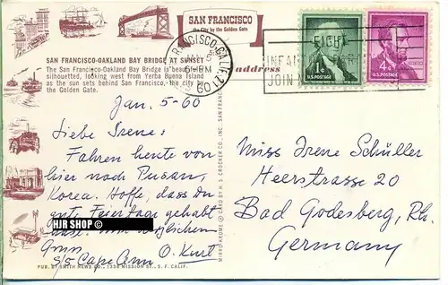 um 1960/1970 Ansichtskarte “San Francisco-Okland Bay Bridge“,  gelaufene Karte