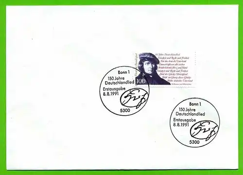 1991, 8. Aug., 150 Jahre Deutschlandlied, 1555**, gest., FDC