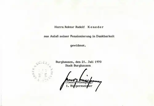 Original Unterschrift Georg Miesgang, 1. Bürgermeister Stadt Burghausen, 21. Juli 1970
