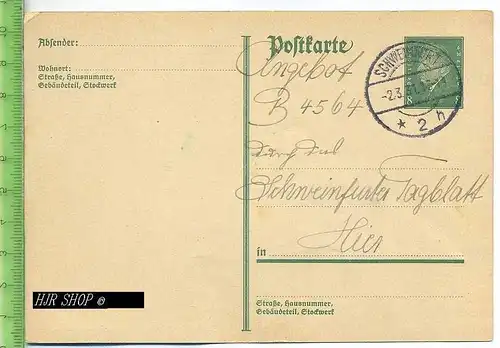Postkarte, Deutsches Reich, Schweinfurt  8 Pf, grün