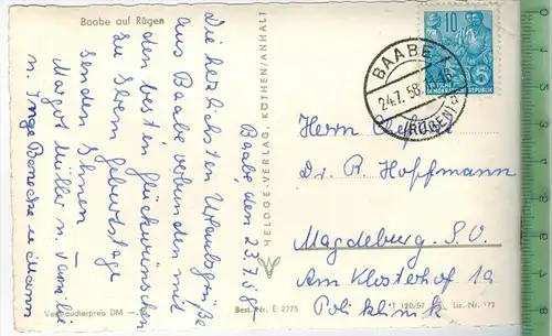 Baabe auf Rügen, Verlag: Heldge, Köthen/Anhalt, Postkarte mit Frankatur, mit Stempel BAABE  24.7.58, Erhaltung: I-II,