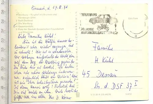 Wartburgstadt Eisenach, um 1970/1980 Verlag: VEB Bild und Heimat,  Postkarte ohne Frankatur, mit Stempel, WARTBURG