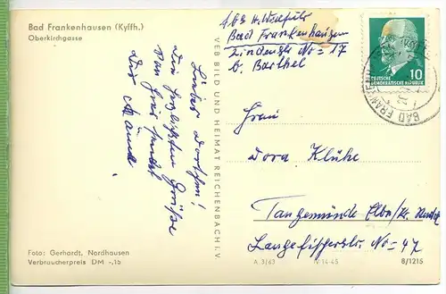 Bad Frankenhausen, Oberkirchgasse 1960/1970, Verlag: VEB Bild und Heimat , POSTKARTE mit Frankatur, mit Stempel,