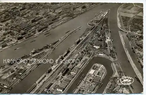 Mannheim, Zusammenfluss  Rhein u. Neckar mit Hafenanlagen um 1950/1960, Verlag: Schöning & Co. Lübeck, Luftaufn.