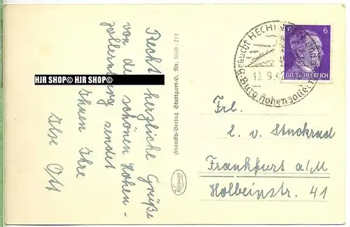 um 1940/1950  Antsichtskarte,  „Burg Hohenzollern  “ mit Frankatur, Stempel,