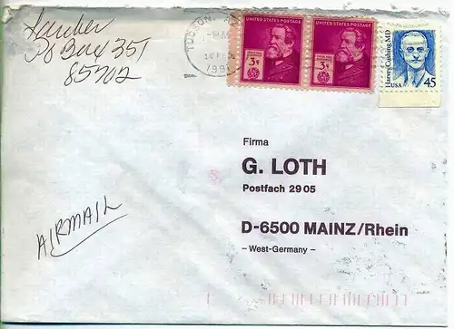 Luftpost-Brief, 14.02.1991, TOCSON, AZ – Mainz,