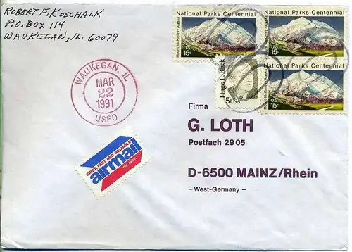 Luftpost-Brief, 22.03.1991, WAUKEGAN, IL – Mainz,
