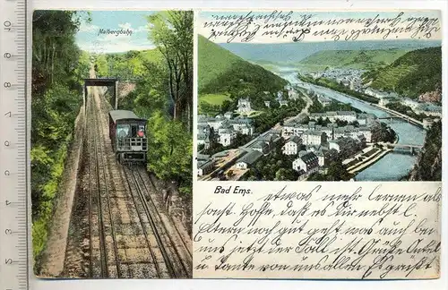 BAD EMS - Malbergbahn, um 1906 Verlag: Ottmar Ziemer, Postkarte mit Frankatur, mit 2 Stempeln, vonEms 18.05.06 nach Gera