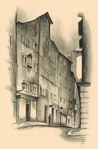 Das Haus zum "Rothen Gatter" Original-Lithographie von Otto Baumberger In Zürich, heute Münstergasse 23 Blattgröße 30,5