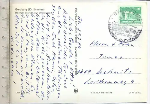 Geraberg – Thür., um 1980 Verlag: Bild un d Heimat, Postkarte mit Frankatur, mit Stempel, Geraberg, 30.07.84, Erhaltung: