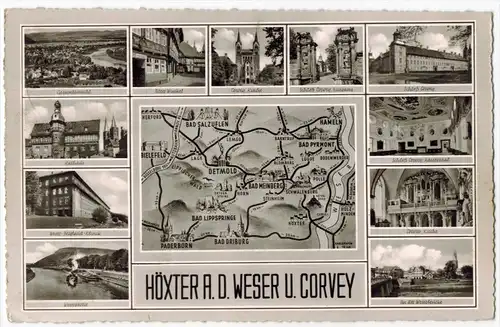 Höxter und Corvey, Mehrfeldkarte um 1950/1960 Verlag:,  POSTKARTE,  mit Frankatur, mit Stempel,  HOLZMINDEN 7.8.59  Erha