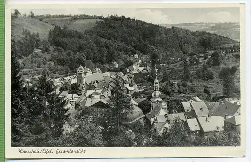 Monschau/Eifel. Gesamtansicht um 1950/1960,  Verlag: Korr`s,  Postkarte mit Frankatur, mit Stempel ,MONSCHAU, 20.8.57