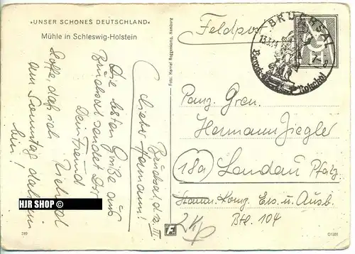 um 1940/1950 Ansichtskarte, FELDPOST, Ganzsache „ Mühle in Schleswig - Holstein“ mit Frankatur