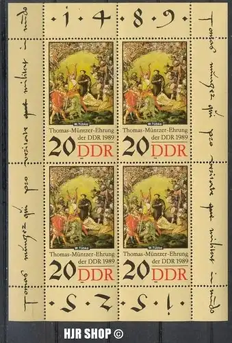 1989,22. Aug. 500. Geb. Thomas Müntzer, Kleinbogen Minr.3271** Zustand: gut