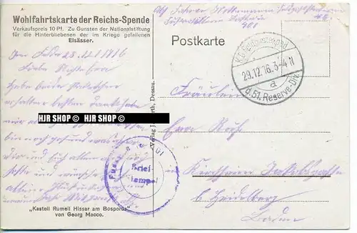 um 1910/1920 Ansichtskarte, FELDPOST „ Kastell Rumeil Hissar am Bosporus“ mit Stempel