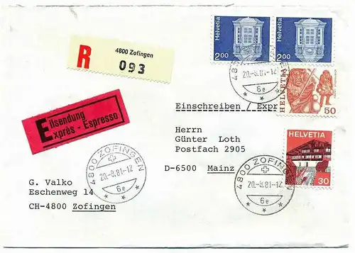 R- Brief, 20.08.1981, Express, Zofingen – Mainz,