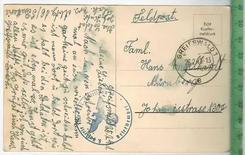 Greifswald, Domstrasse 1941, Verlag: ----.FELD Postkarte, sauber gestempelt, ohne Frankatur, Stempel GREIFSWALD, 26.2.41