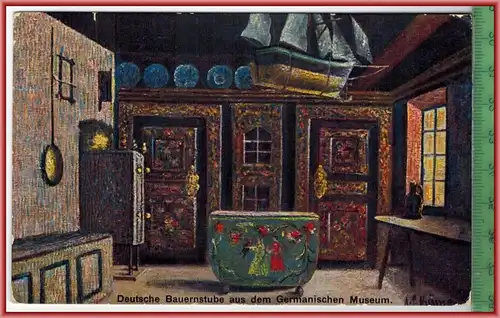 Deutsche Bauernstube aus dem Germanischen Museum-1900-,Verlag: Weltpostverein, POSTKARTE mit Frankatur,