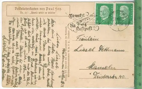 Volsliedkarte Nr.65, 1929 Verlag: -----, Postkarte mit Frankatur  und Stempel ?POTSDAM 27.11.29, MIT BEFÖRDERUNGSSPUREN