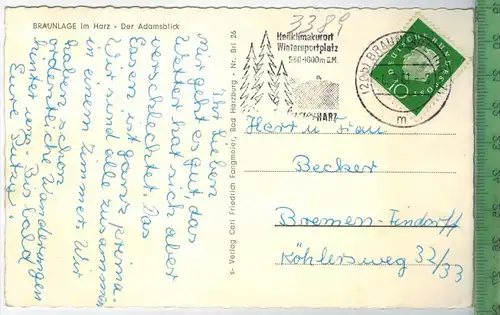 Braunlage im Harz-Der Adamsblick um 1960/1970, Verlag: Carl Fr. Fangmeier, Bad Harzburg  POSTKARTE,  mit Frankatur,