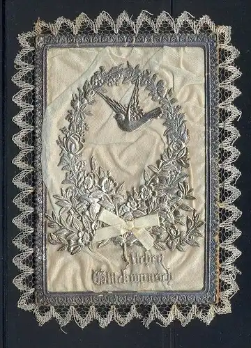 15 Juni 1894-Herzlichen Glückwunsch zur silbernen Hochzeit mit Stoff und Silberdekoration bestückt,  Maße: 12 x 9 cm