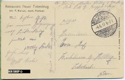 um 1910/1920 Ansichtskarte, Feldpost  “Restaurant Neuer Finkenkrug“,  gelaufene Karte mit Stempel