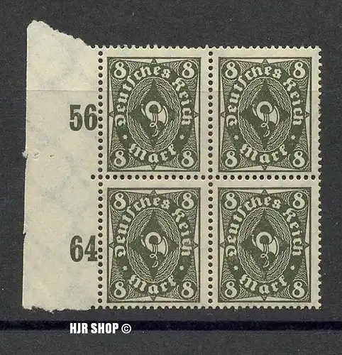 1922, Mai/1923. Febr. Posthorn, MiNr. 229**, 4er Block mit Seitenrand, Zustand: gut