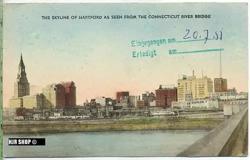 um 1950/1960 Ansichtskarte “Skyline of Hartford“,  gelaufene Karte