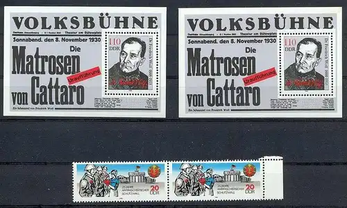 1988, 22. Nov. Blockausgabe: 100 Geburtstag von Friedrich Wolf, 2 x Block 96**, 1986, 5. Aug. 25 Jahre Berliner Mauer, 2