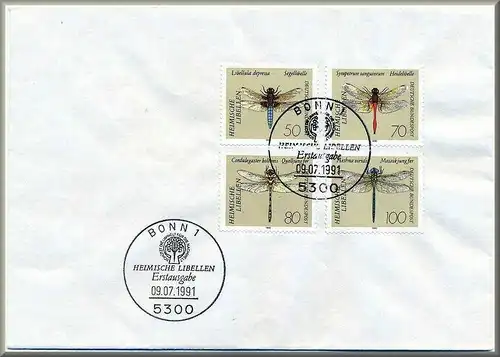 1991, Libellen, 9. Juli 1545-1552**+ Gest.+FDC mit Viererblock  1546-1549