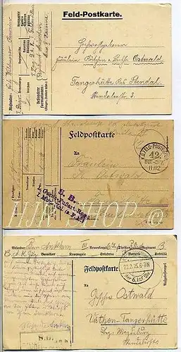 3 Feldpostkarten I WK, nach Tangerhütte, gel. 1915