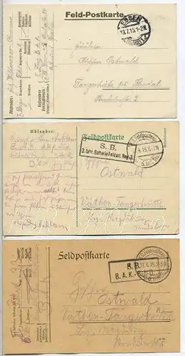 3 Feldpostkarten I WK, nach Tangerhütte, gel. 1915