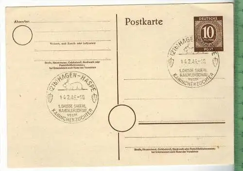 HAGEN-HASPE, 1948, 1. Grosse Sauerl. Rammlerschau, Westf. Kaninchenzüchter, Verlag:-------,  Postkarte 10 Pf